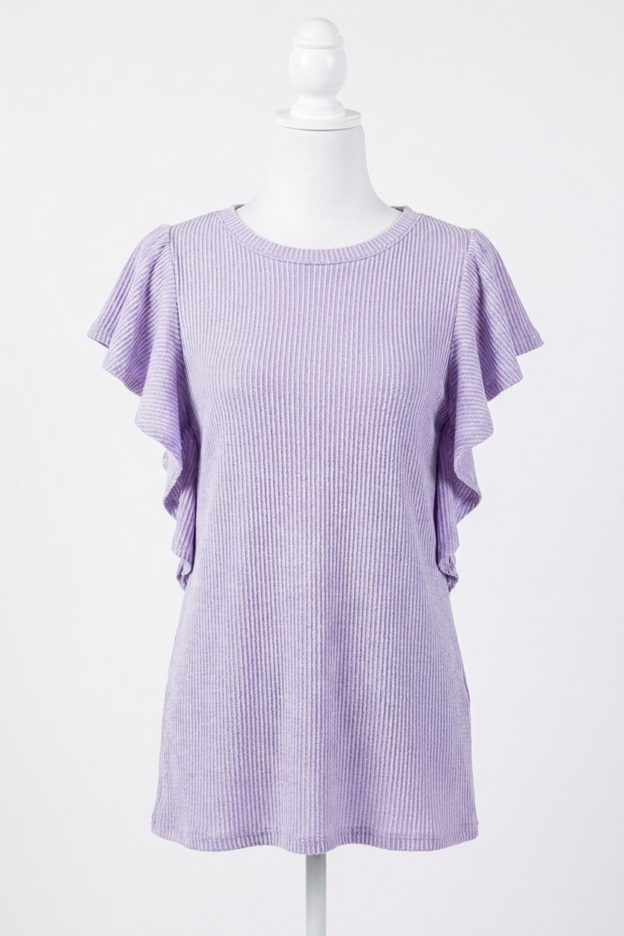 NEW HEIMISH USA ruffled sleeve solid ribbed top in lavender